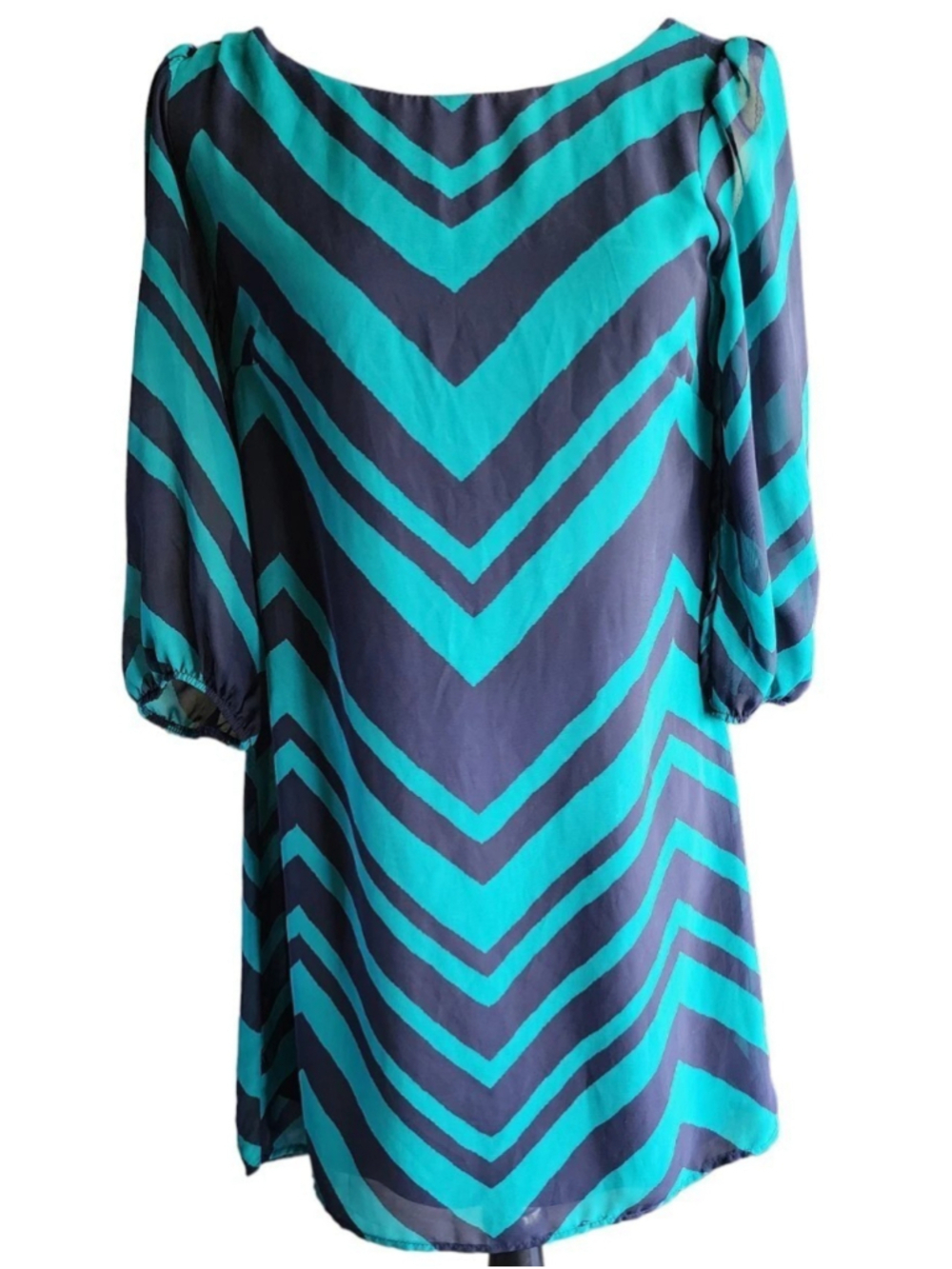 Teeze Me Chevron Striped Tunic Blouse Teal Navy 3/4 Sleeve Keyhole Back Top 80s